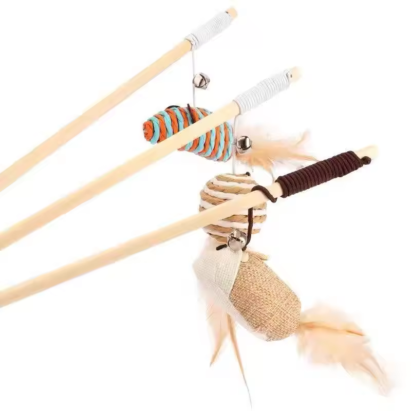 Factory Direct Sale Wooden Mouse With a Sounding Bell the Cat Charmer Wand Interactive Cat Teaser Toys